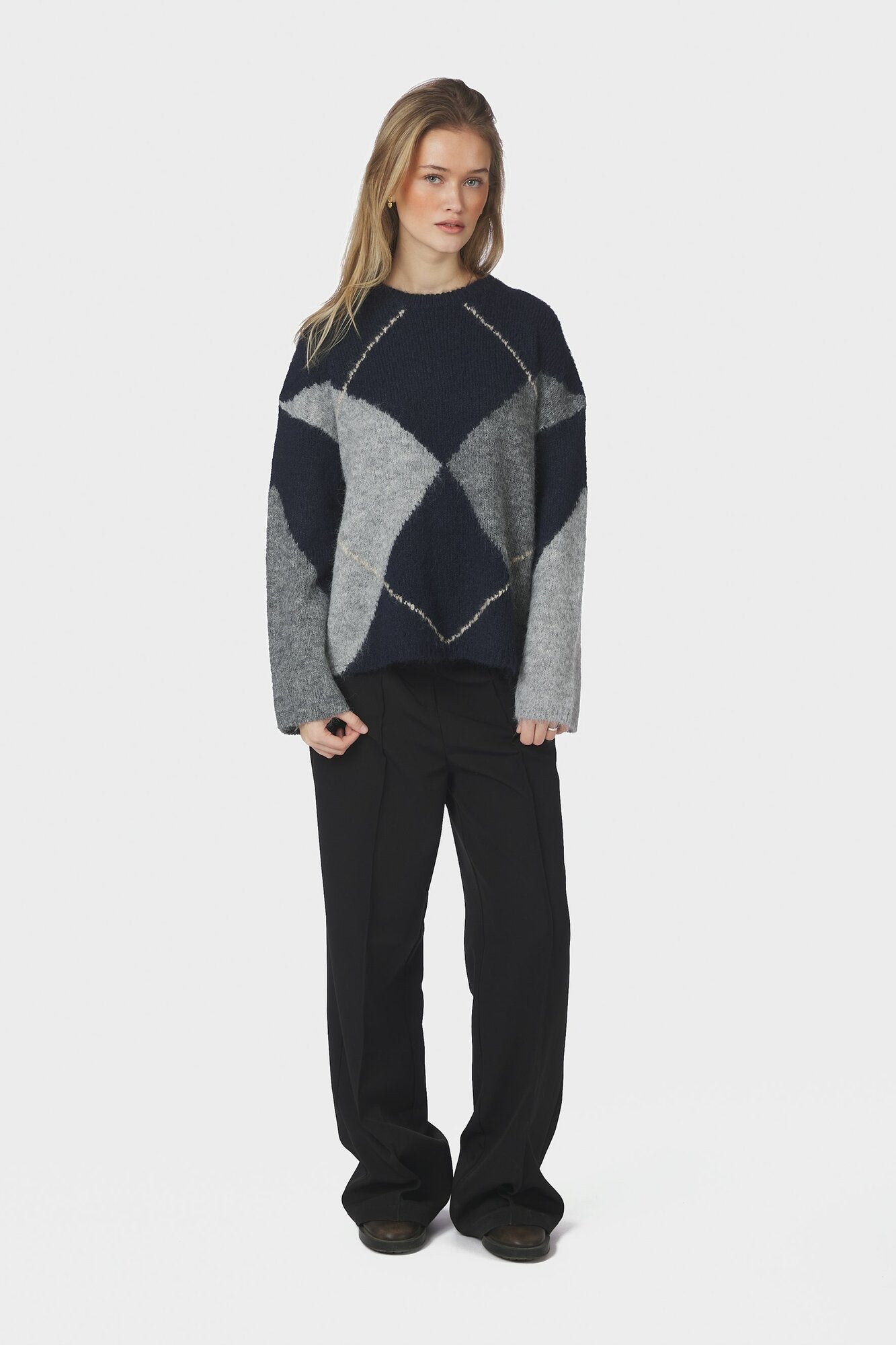 Inga Check Fluff striktrøje - Navy